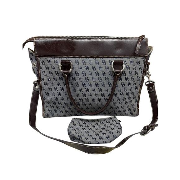 VTG Dooney & Bourke Monogram Double Pocket Tote Navy Canvas Leather Trim w Pouch - Picture 3 of 9